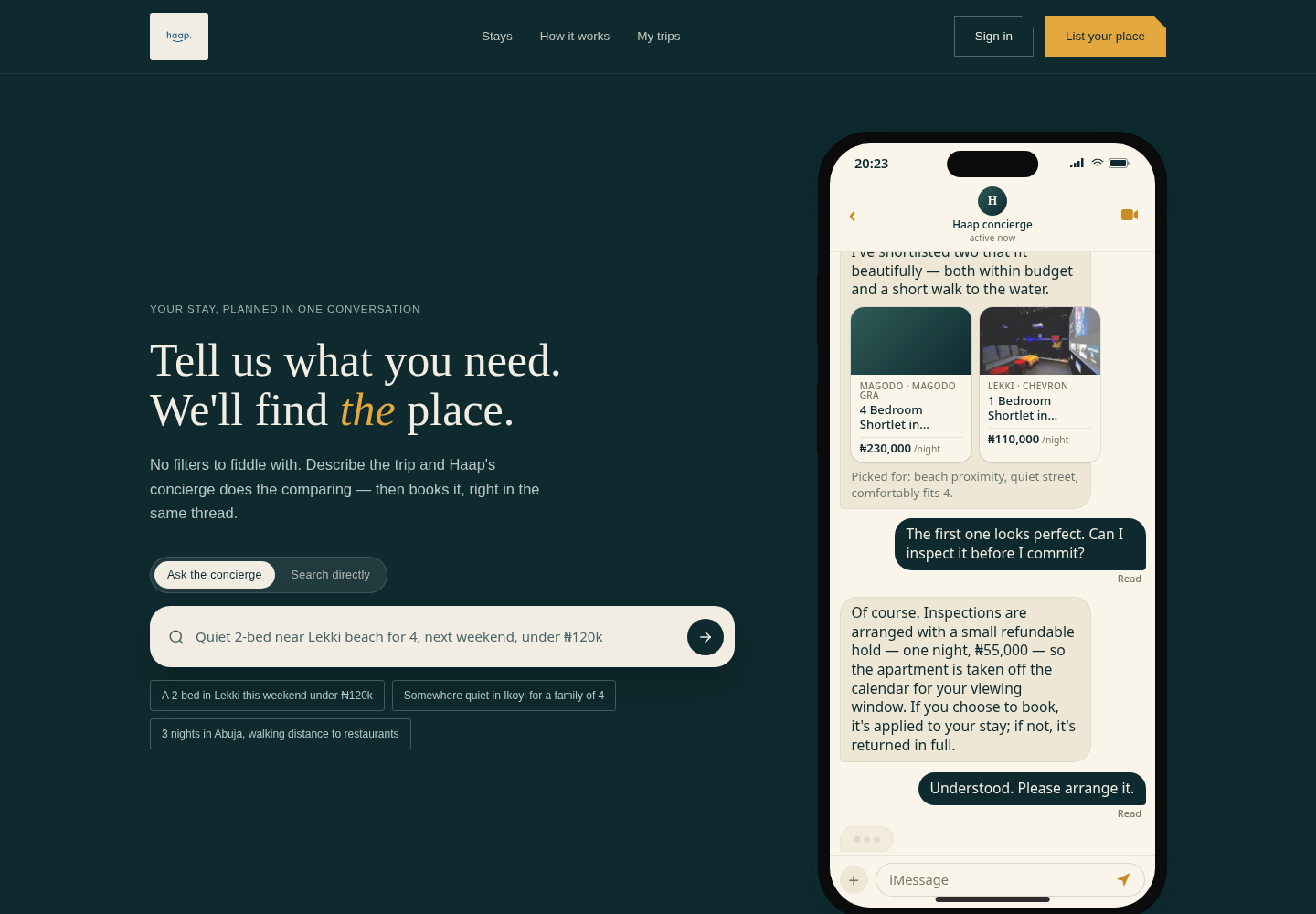 Haap Living booking product showing verified Nigerian shortlets with nightly prices, powered by the RayProp API